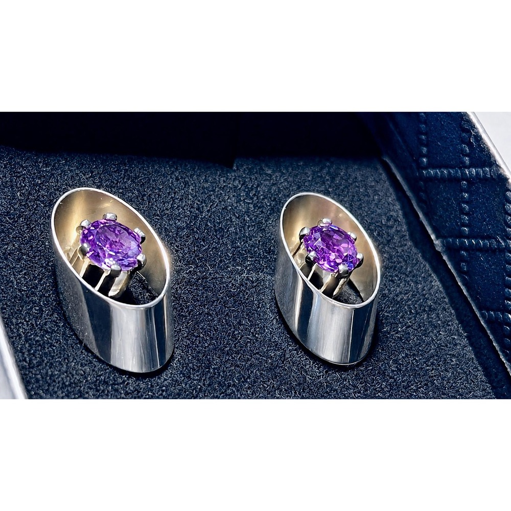 Vintage 925 Sterling Silver Amethyst Stud Earrings Modernist Oval Purple Gems